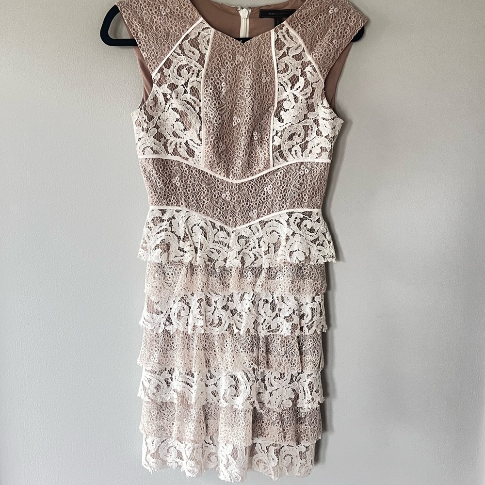 BCBGMaxAzria Tan and Gold Sheath Mini Dress